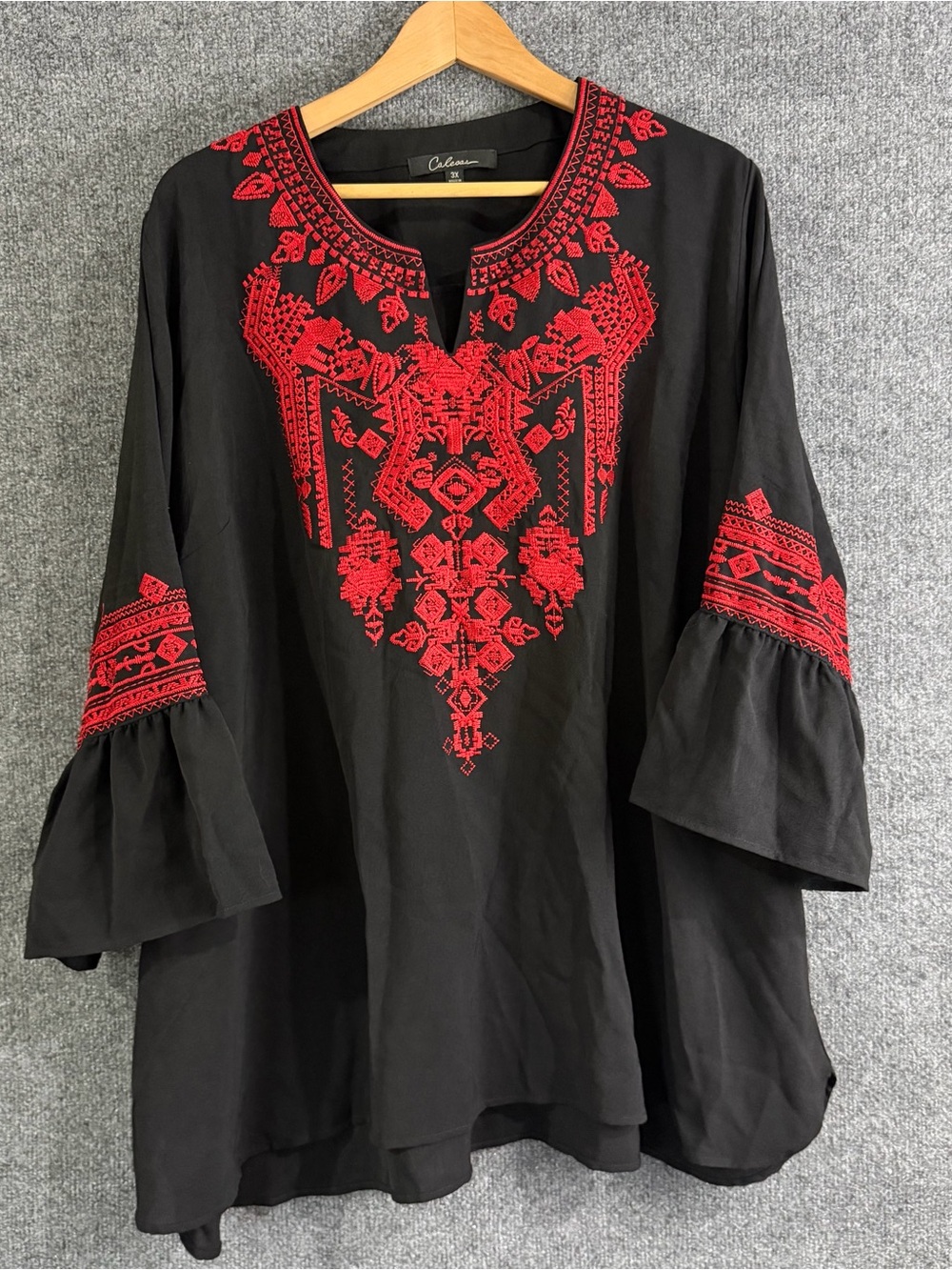 Calessa Womens 3X Embroidered Tunic Blouse Black Red Boho Bell Sleeve Peasant